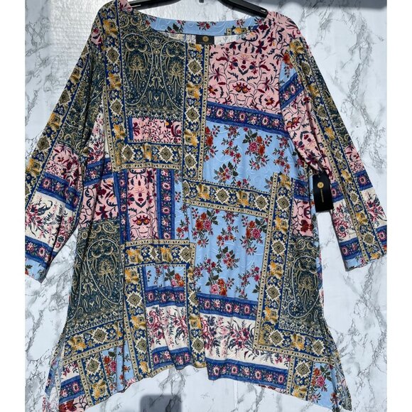 JM Collection Floral Patchwork Tunic Top With 3/4 Sleeves & Asymmetrical Hem XXL - Picture 1 of 7